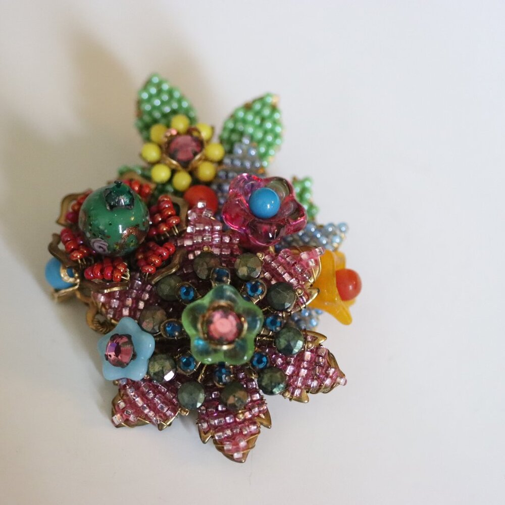 Vintage Signed Stanley Hagler Flower Floral Brooch Pin Greens Pinks Blues Yellow